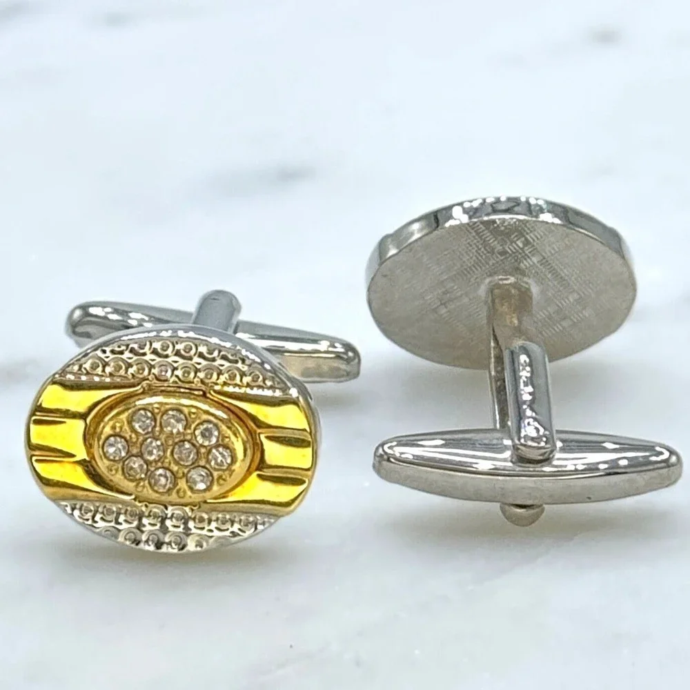 Mens Silver Tone & Gold Tone Clear Rhinestones Oval Bullet Back Cufflinks
